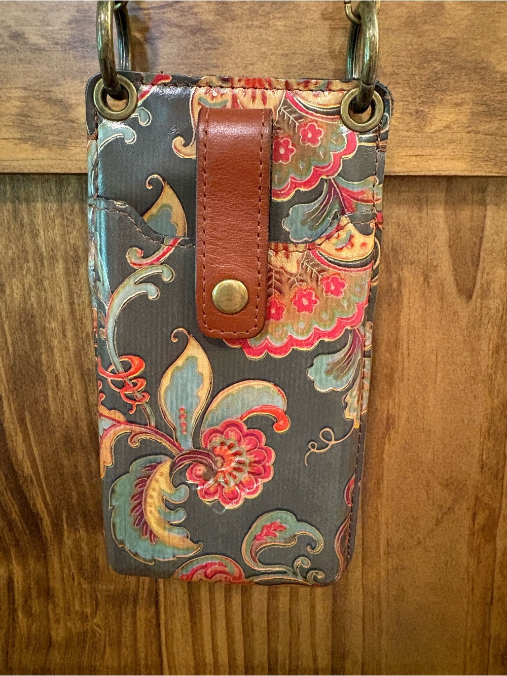 Leather-Trim Floral messenger/crossbody Phone Pouch - Gray Multi